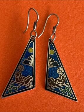 Blue Enamel Geometric Sterling silver Mexico  Drop Earrings Vintage